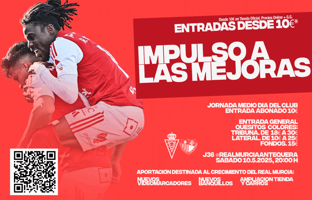 ¡Impulso a las mejoras! Colabora con los proyectos del Real Murcia: Jornada de Medio Día del Club, entrada única a 10€ al abonado