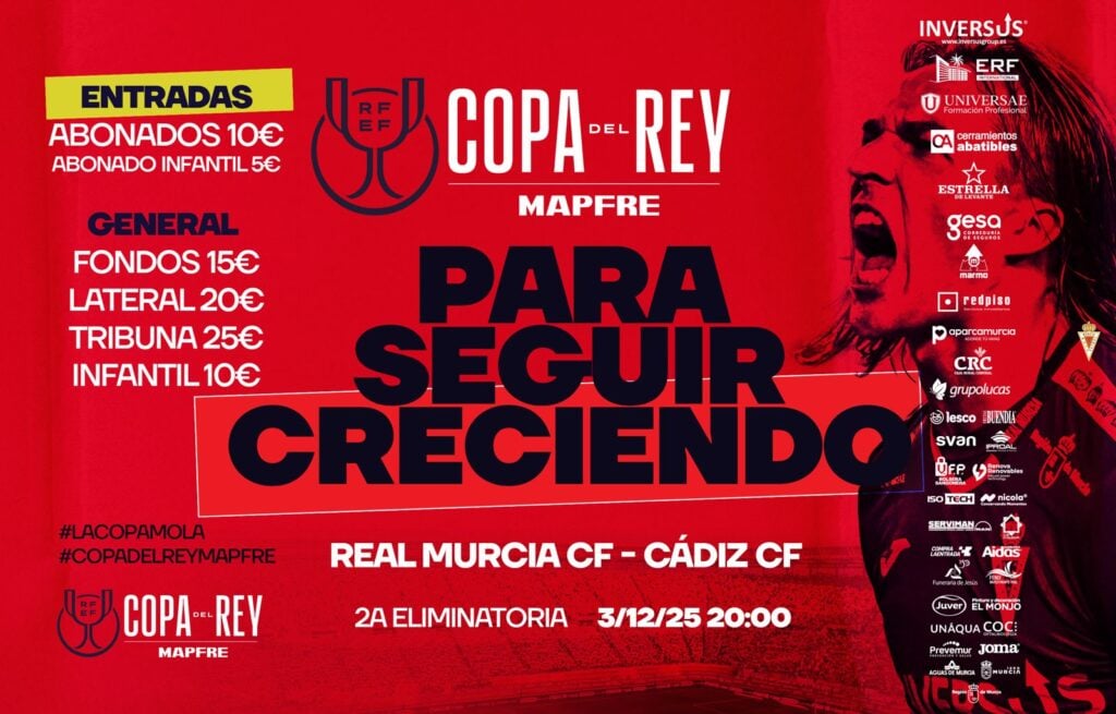 “Para seguir creciendo” ¡Ven al Real Murcia-Cádiz de Copa del Rey con entradas para abonados a 10 euros!