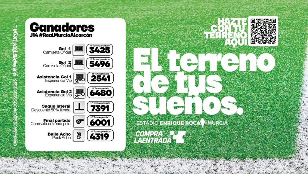 Consulta los terrenos de tus sueños premiados tras el Real Murcia – Alcorcón