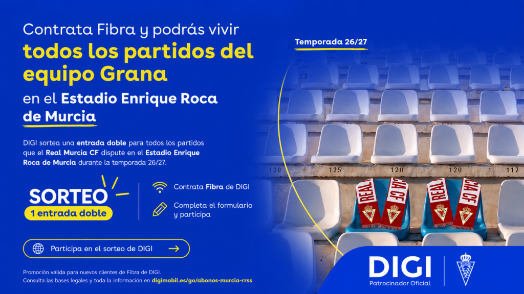 DIGI sortea una entrada doble para todos los partidos del Real Murcia CF en el Enrique Roca durante la temporada 2026/27