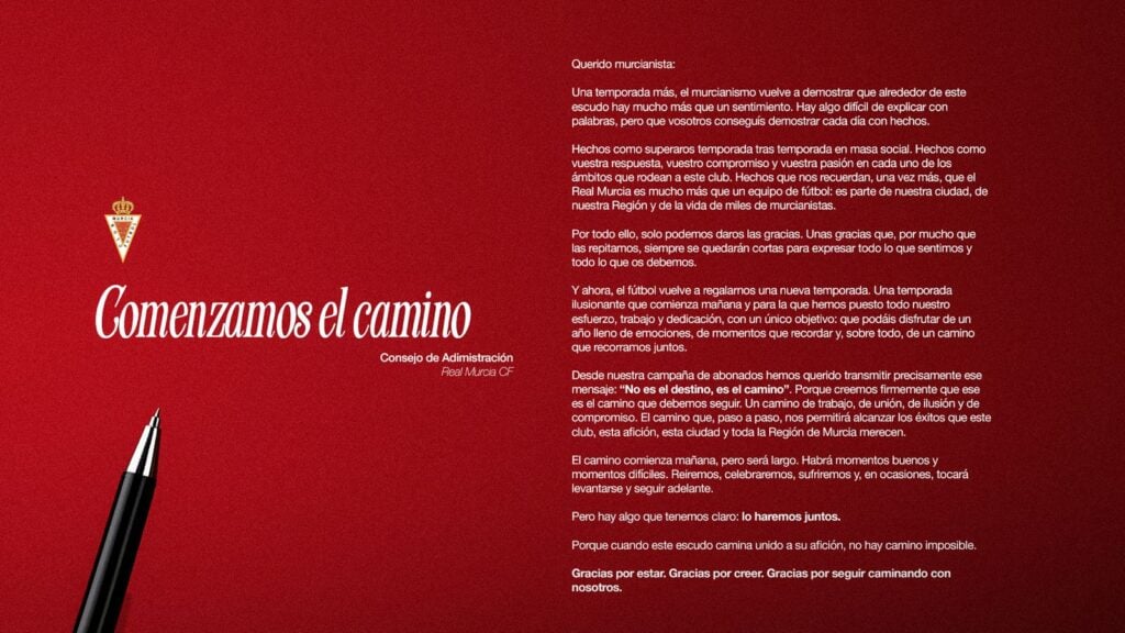 Carta del Consejo de Administración al murcianismo: ‘Comenzamos el camino’